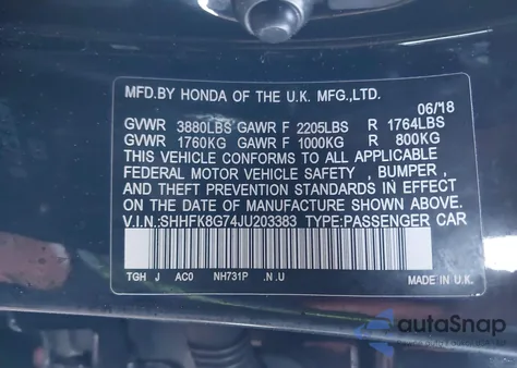 2018 Honda Civic Type R Touring from USA, damaged, VIN SHHFK8G74JU203383